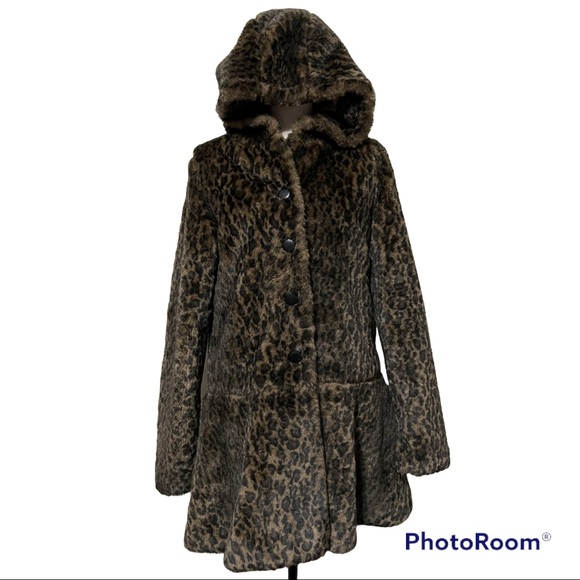 Free People large About Town Hooded faux fur leopard print coat jacket flaws - Picture 3 of 16